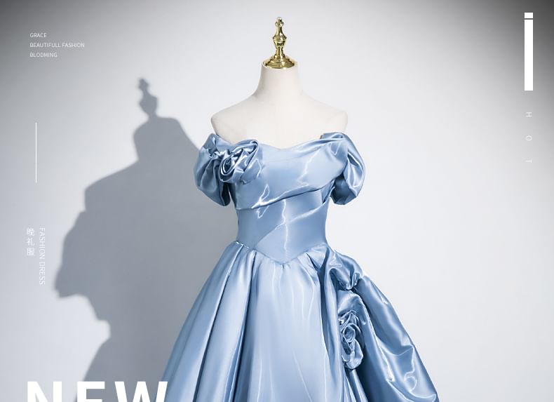 Short-Sleeve Floral Off-Shoulder Gown Ball Plain Accent