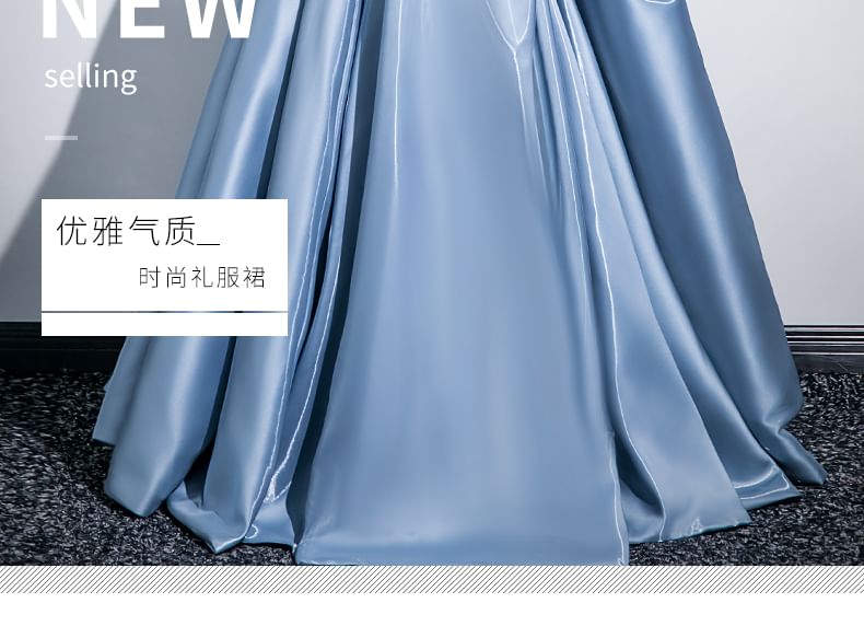 Short-Sleeve Floral Off-Shoulder Gown Ball Plain Accent