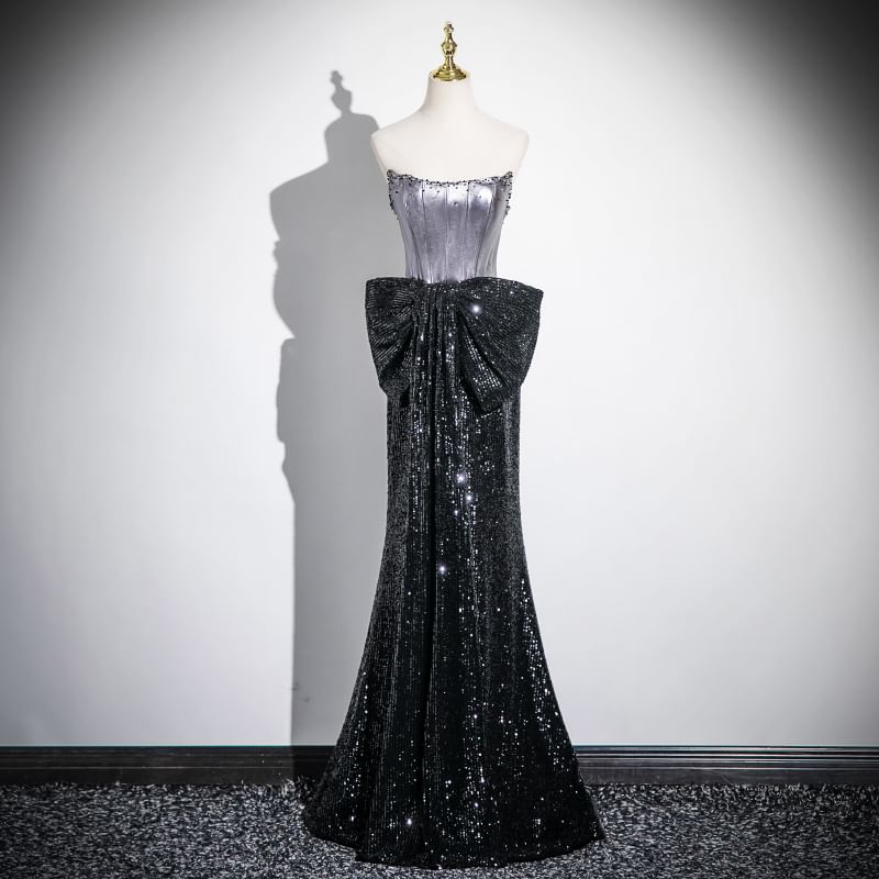 Accent Sequin Gown Bow Short-Sleeve Mermaid Evening Off-Shoulder