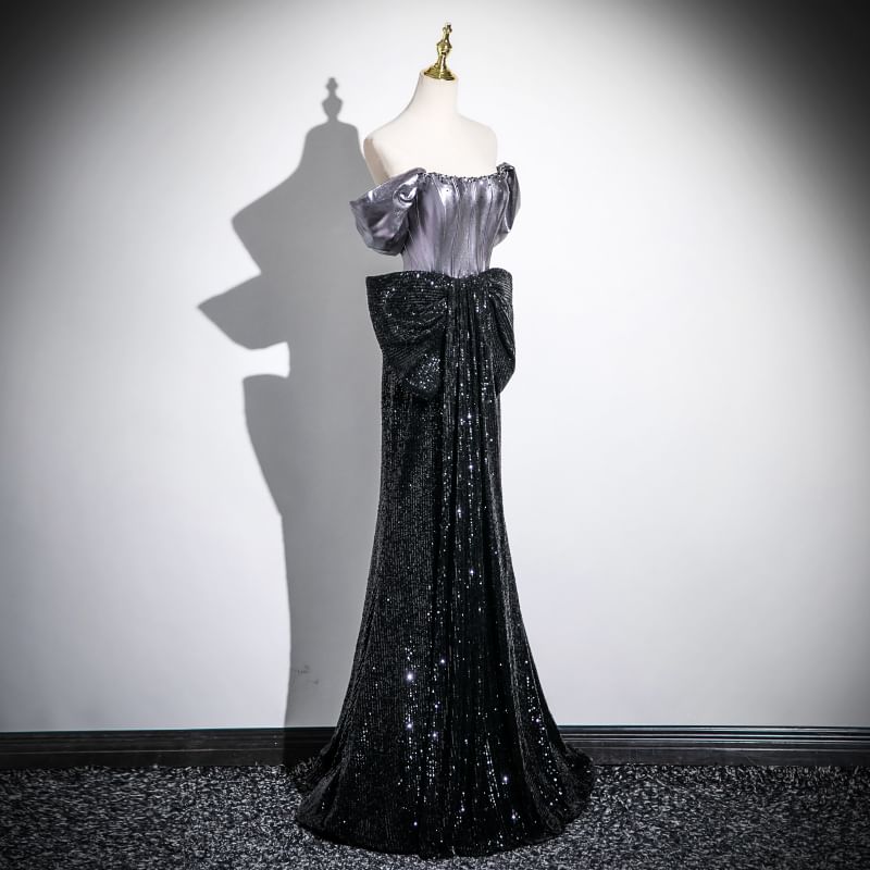 Accent Sequin Gown Bow Short-Sleeve Mermaid Evening Off-Shoulder