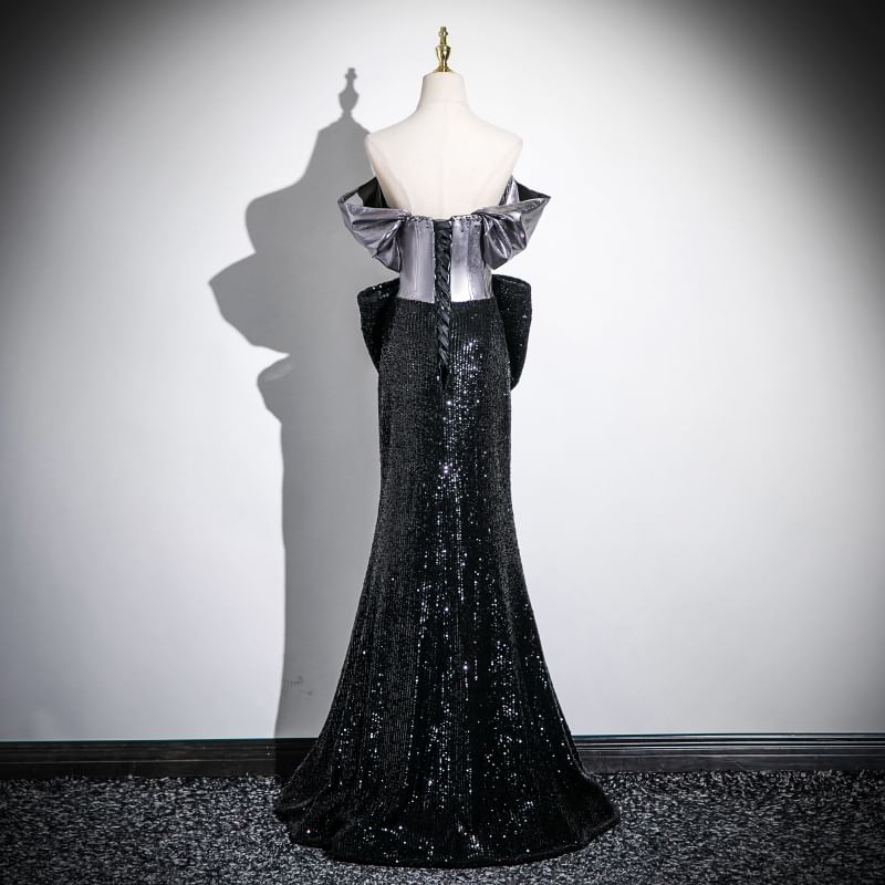 Accent Sequin Gown Bow Short-Sleeve Mermaid Evening Off-Shoulder