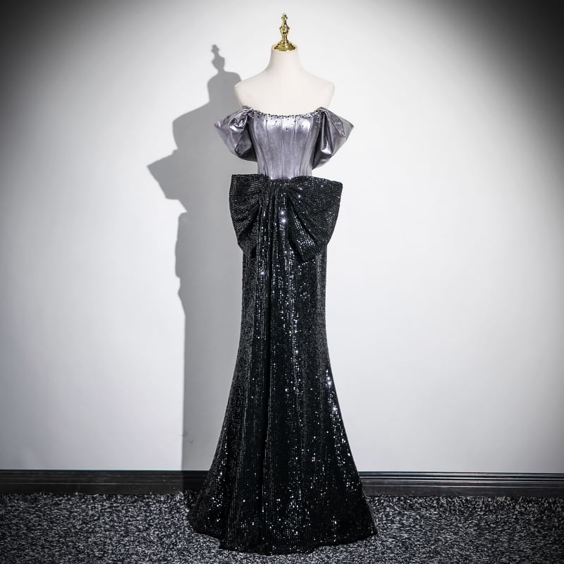 Accent Sequin Gown Bow Short-Sleeve Mermaid Evening Off-Shoulder