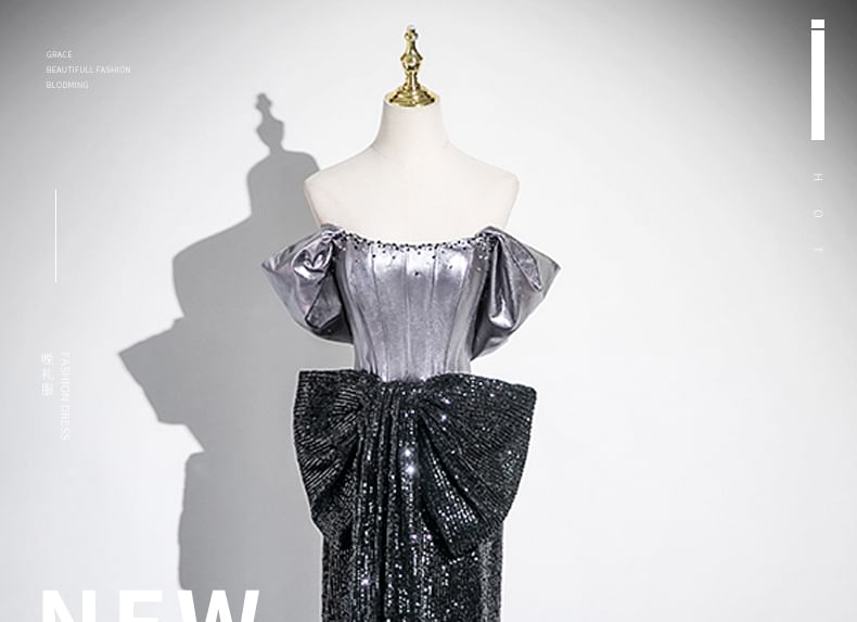 Accent Sequin Gown Bow Short-Sleeve Mermaid Evening Off-Shoulder