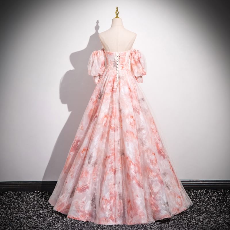 Evening Gown Print A-Line + Strapless Neckline Set: Arm Sleeves Floral Sweetheart