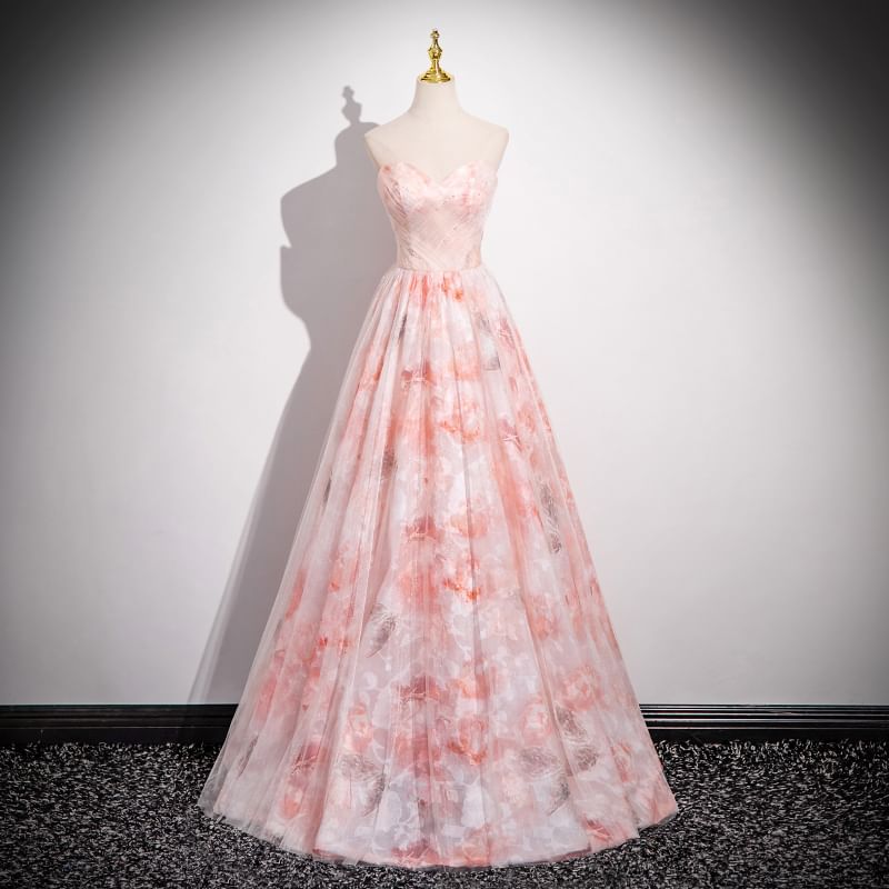 Evening Gown Print A-Line + Strapless Neckline Set: Arm Sleeves Floral Sweetheart