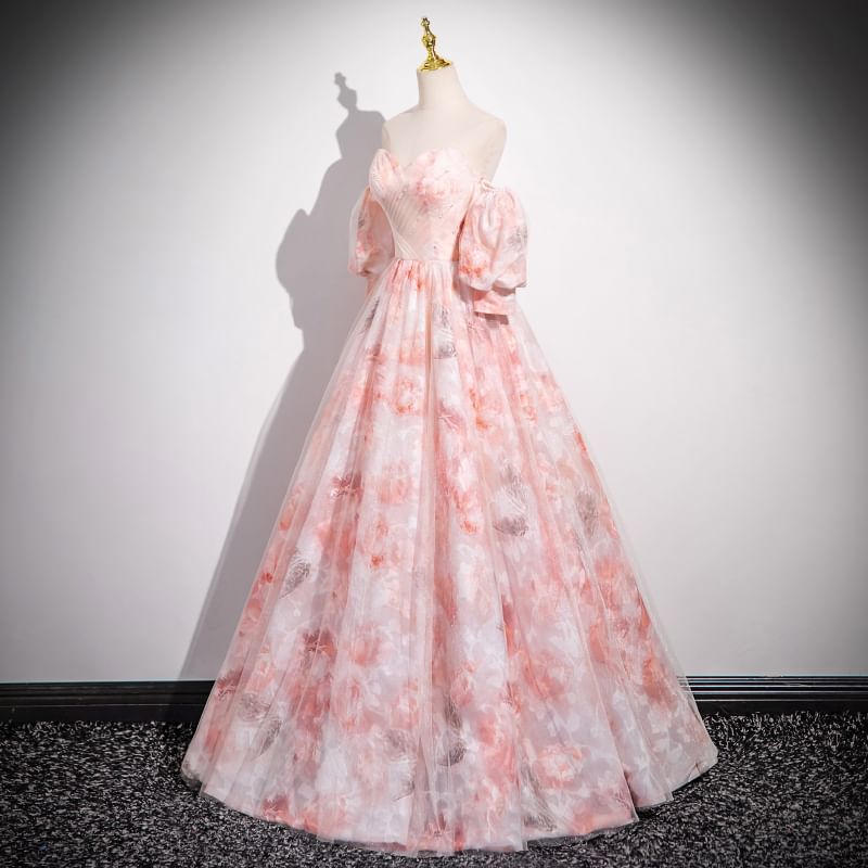 Evening Gown Print A-Line + Strapless Neckline Set: Arm Sleeves Floral Sweetheart