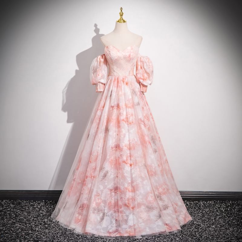 Evening Gown Print A-Line + Strapless Neckline Set: Arm Sleeves Floral Sweetheart