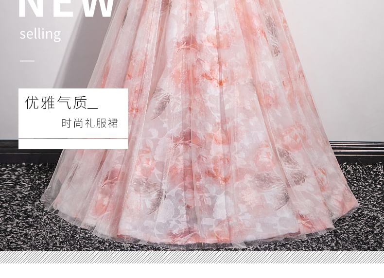 Evening Gown Print A-Line + Strapless Neckline Set: Arm Sleeves Floral Sweetheart