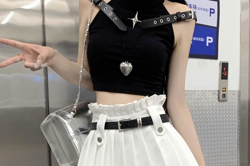 Mini Plain A-Line Pleated Rise Belted Skirt High