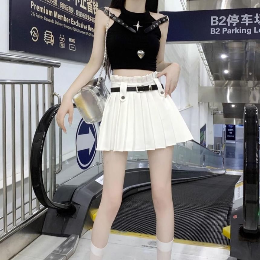 Mini Plain A-Line Pleated Rise Belted Skirt High