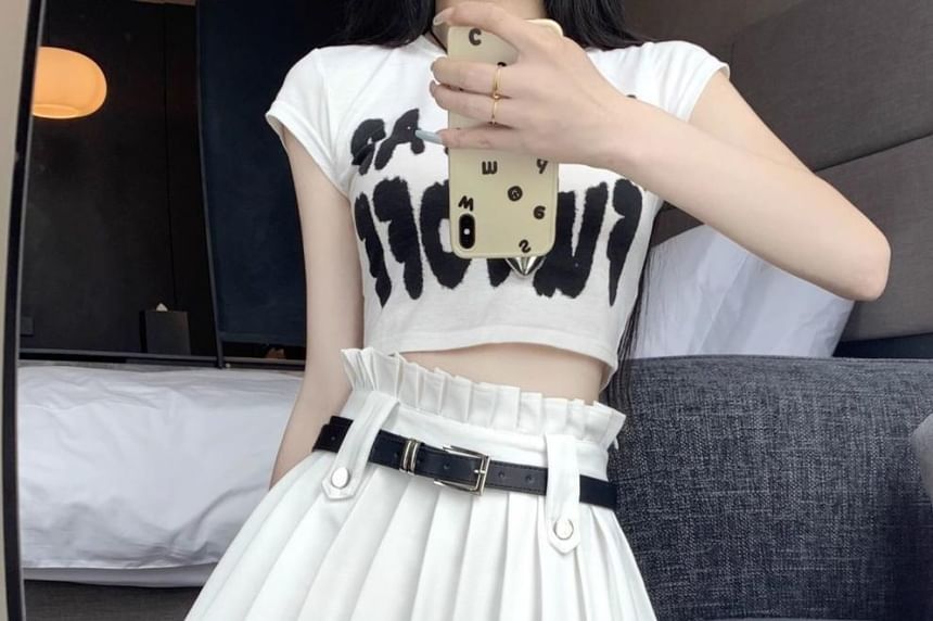 Mini Plain A-Line Pleated Rise Belted Skirt High