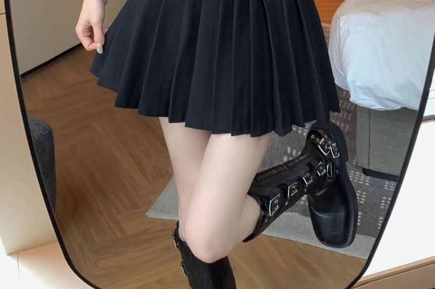 Mini Plain A-Line Pleated Rise Belted Skirt High