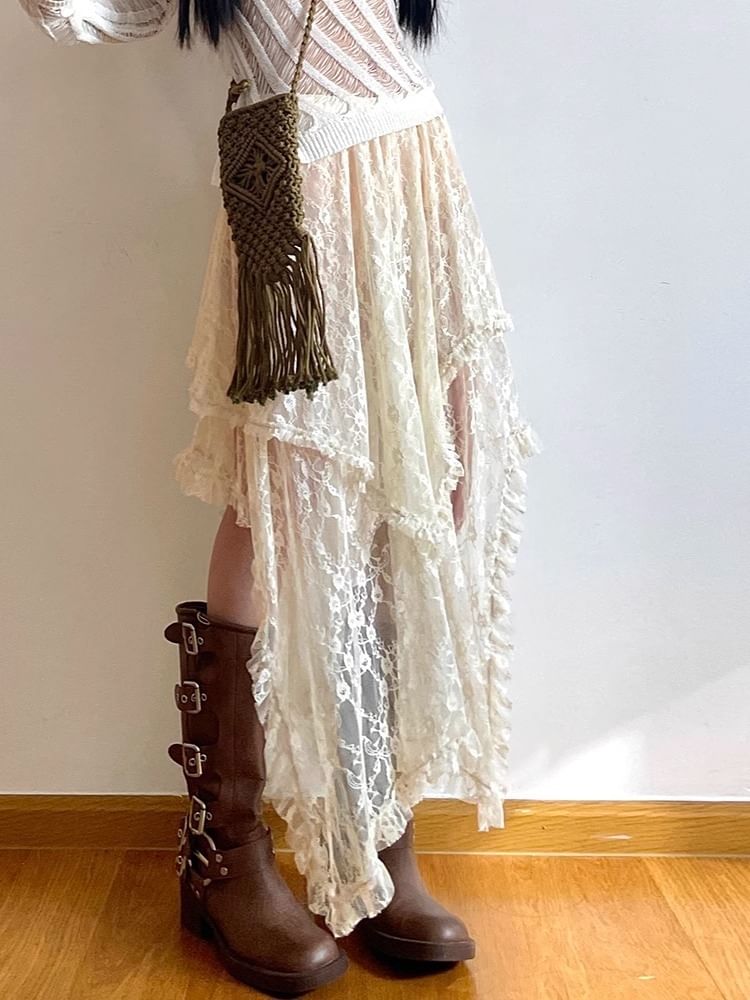 Rise Lace High A-Line Skirt Midi Plain