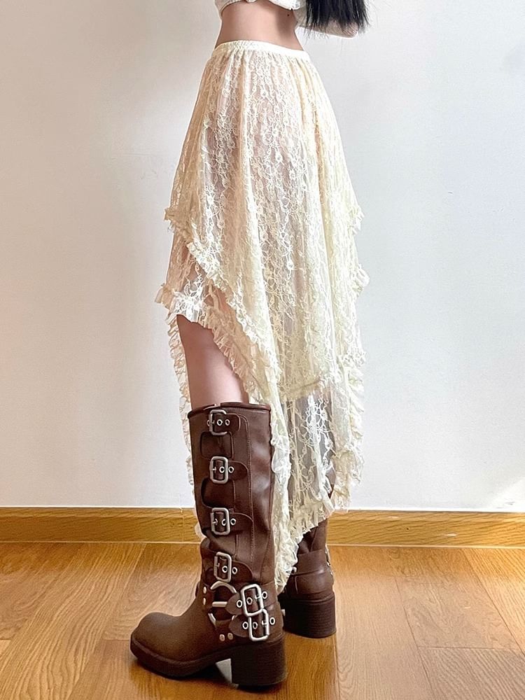 Rise Lace High A-Line Skirt Midi Plain