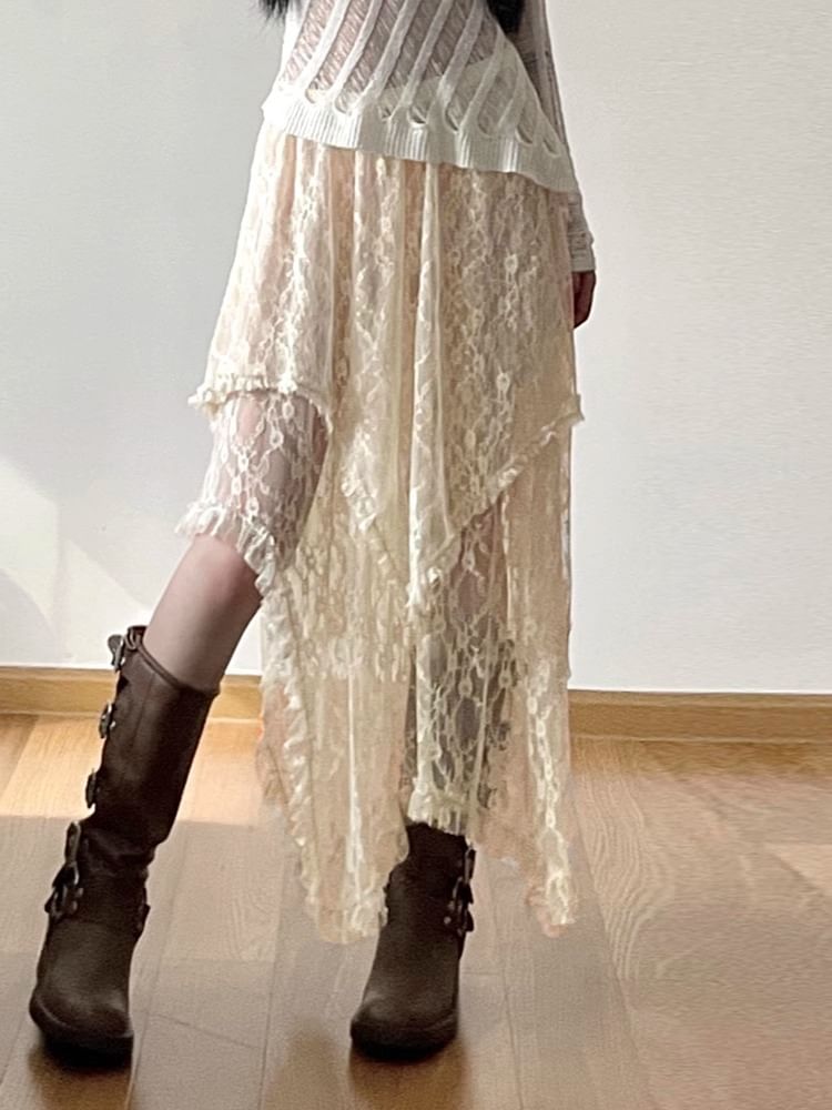 Rise Lace High A-Line Skirt Midi Plain