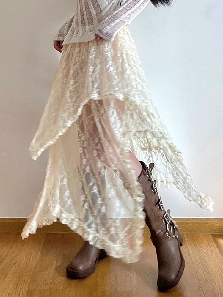 Rise Lace High A-Line Skirt Midi Plain