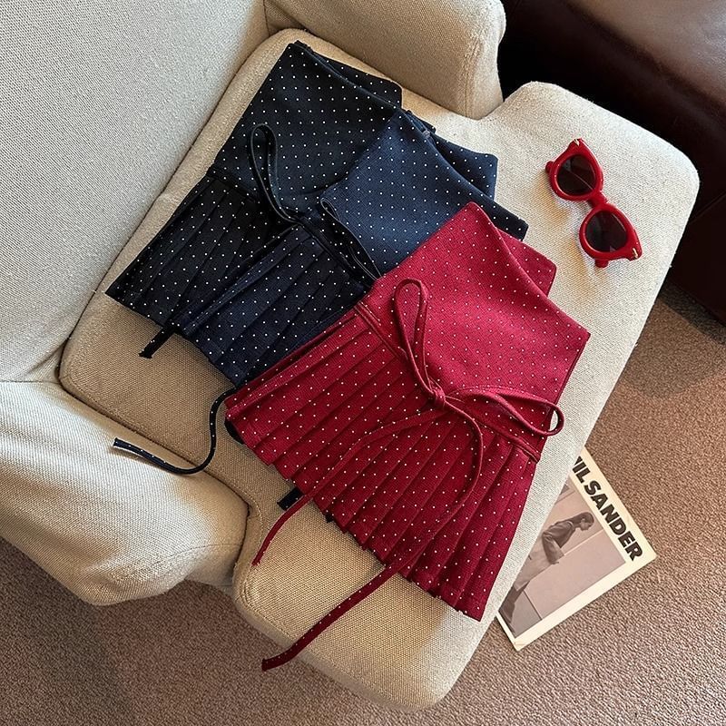 Dotted Pleated A-Line High Rise Mini Skirt