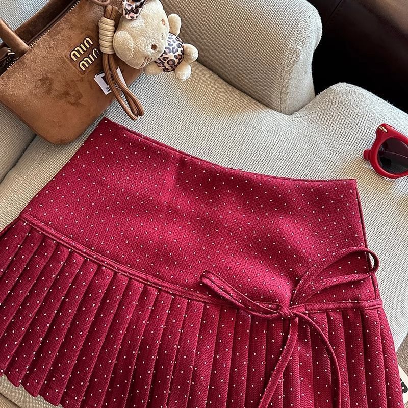 Dotted Pleated A-Line High Rise Mini Skirt
