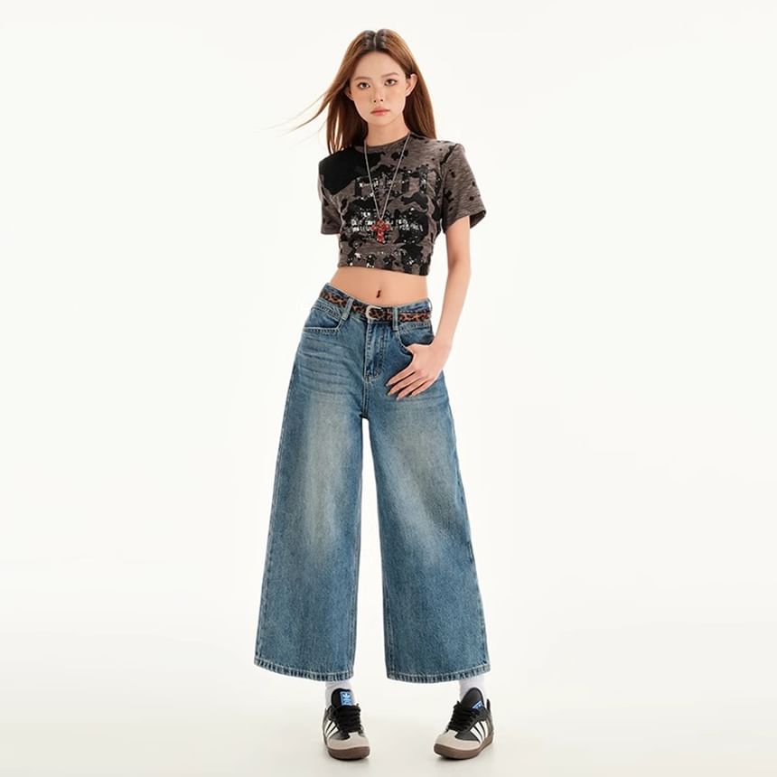 Mid Wide Rise Leg Washed Cropped Jeans