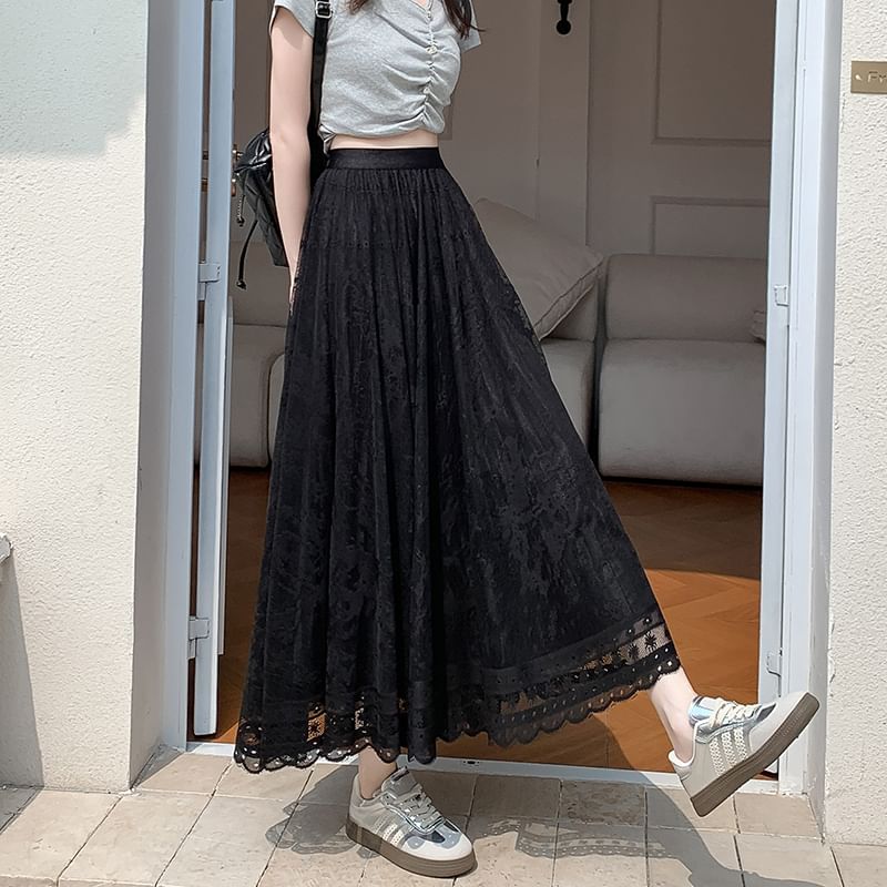 Lace Midi Skirt A-Line High Waist