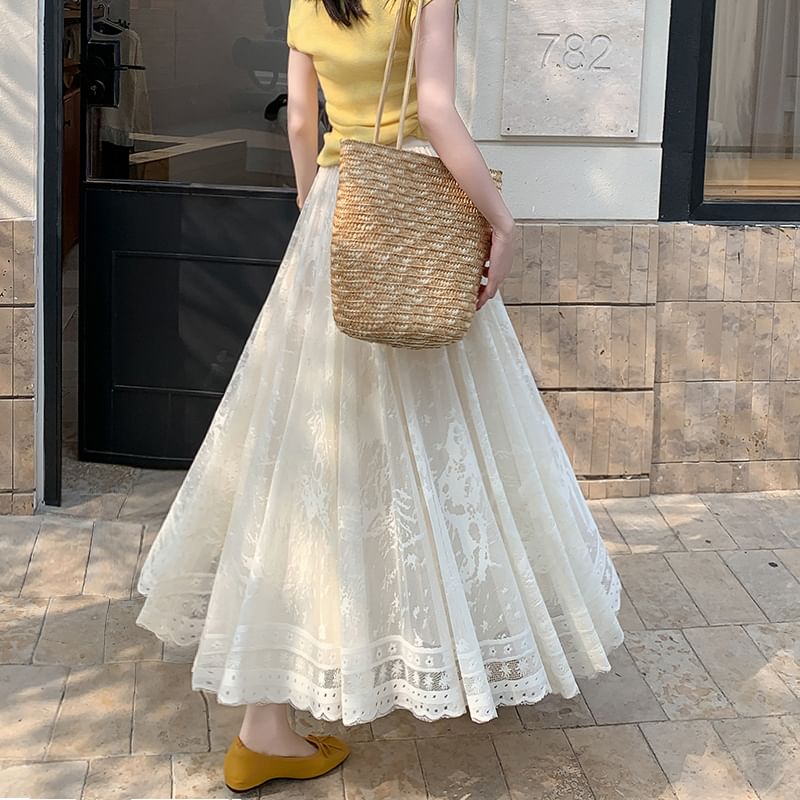 Lace Midi Skirt A-Line High Waist