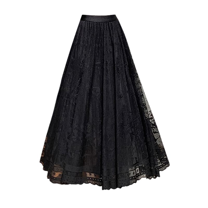 Lace Midi Skirt A-Line High Waist