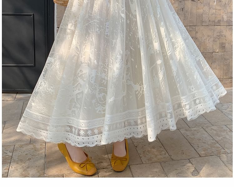 Lace Midi Skirt A-Line High Waist