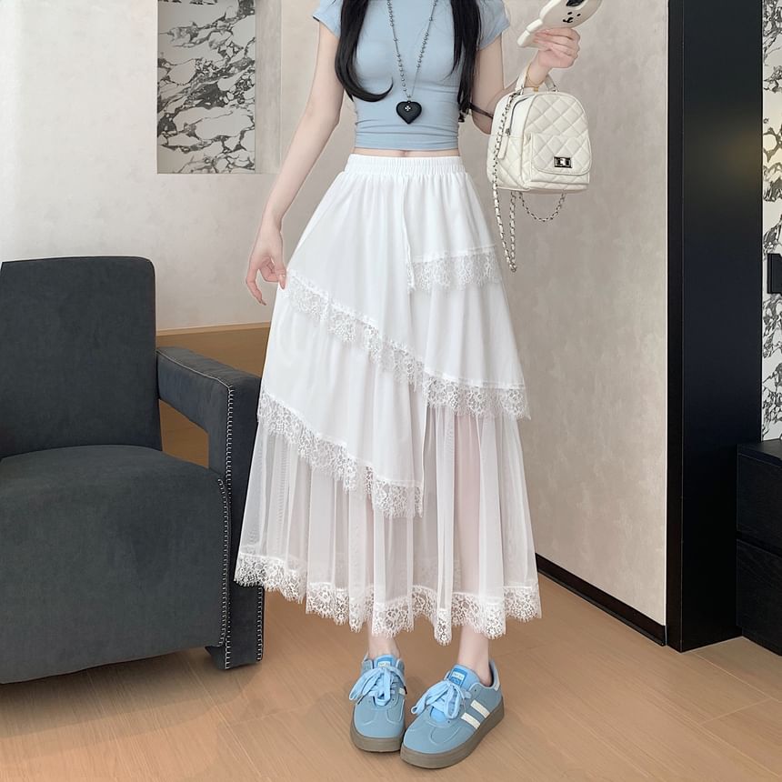 Midi Trim High Lace Skirt A-Line Asymmetrical Mesh Panel Waist