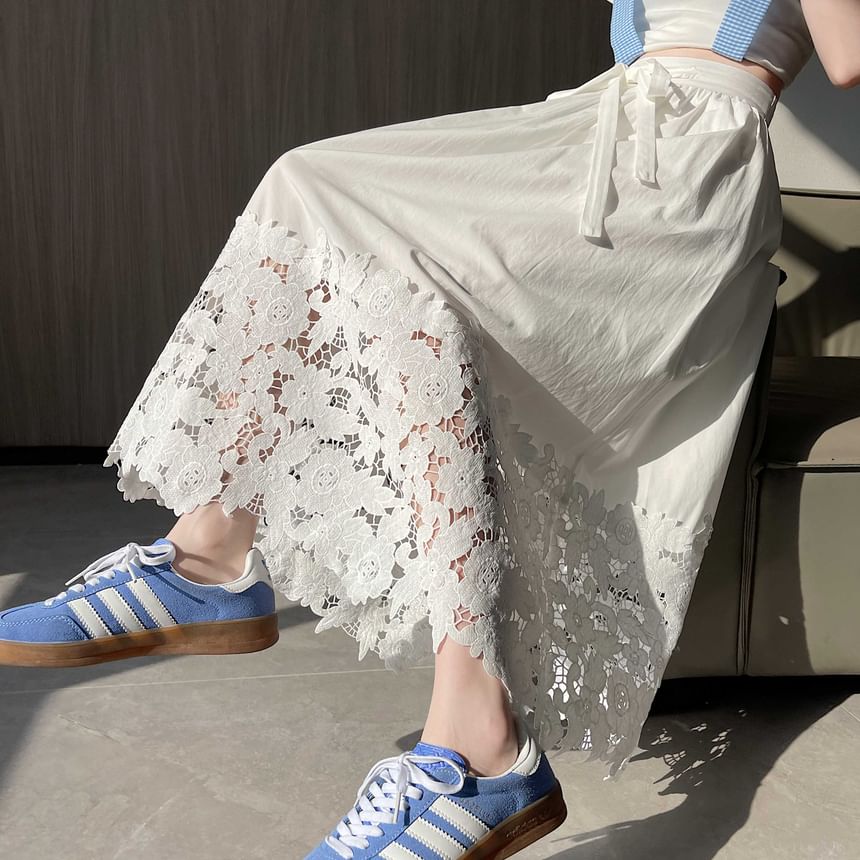 Waist Midi Lace High Skirt A-Line Plain Panel