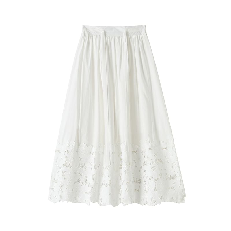 Waist Midi Lace High Skirt A-Line Plain Panel