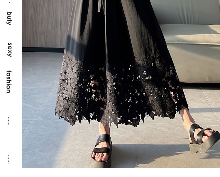 Waist Midi Lace High Skirt A-Line Plain Panel