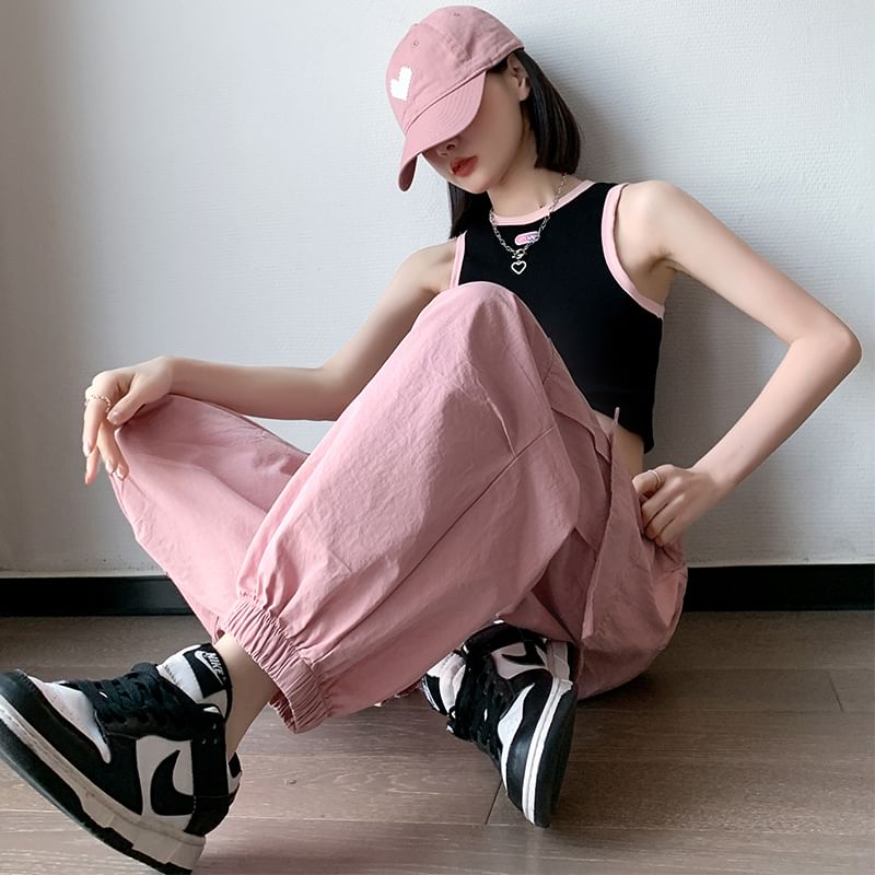 Cropped Drawstring Harem Plain Pants Waist Cargo