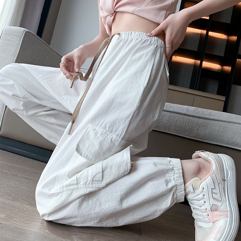 Cropped Drawstring Harem Plain Pants Waist Cargo