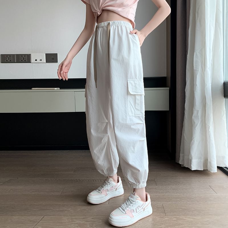 Cropped Drawstring Harem Plain Pants Waist Cargo