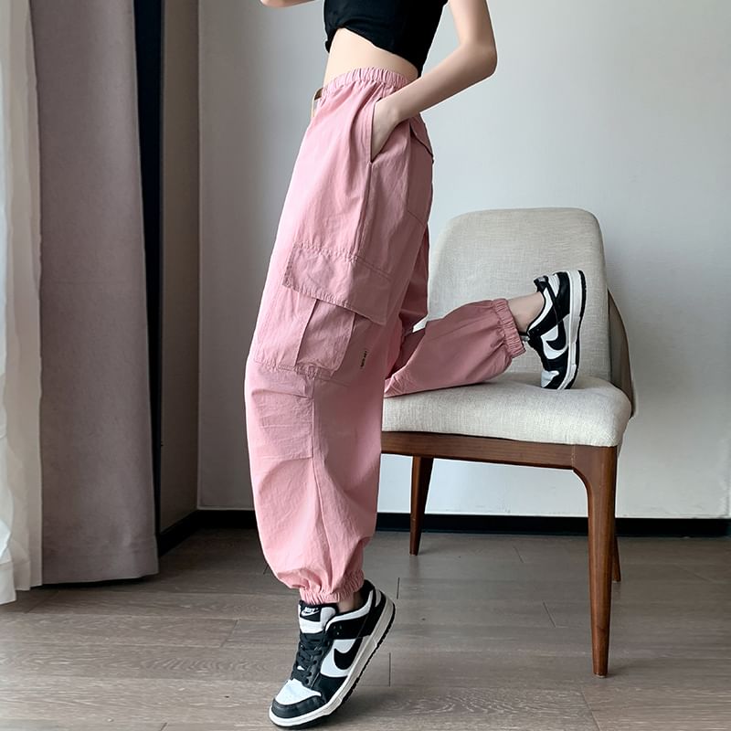 Cropped Drawstring Harem Plain Pants Waist Cargo