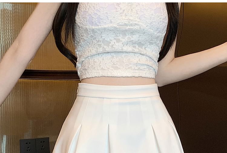 Plain Mini Skort Pleated Waist A-Line High