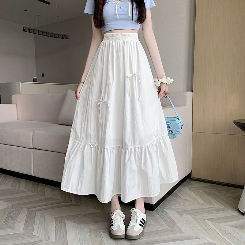 A-Line Rise Plain Midi Accent High Bow Skirt