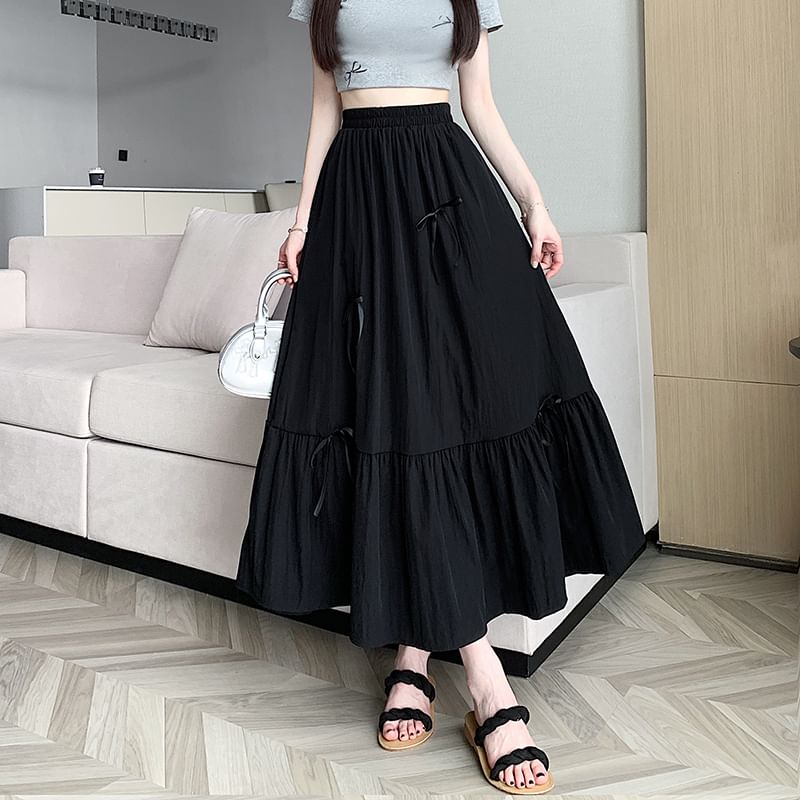 A-Line Rise Plain Midi Accent High Bow Skirt