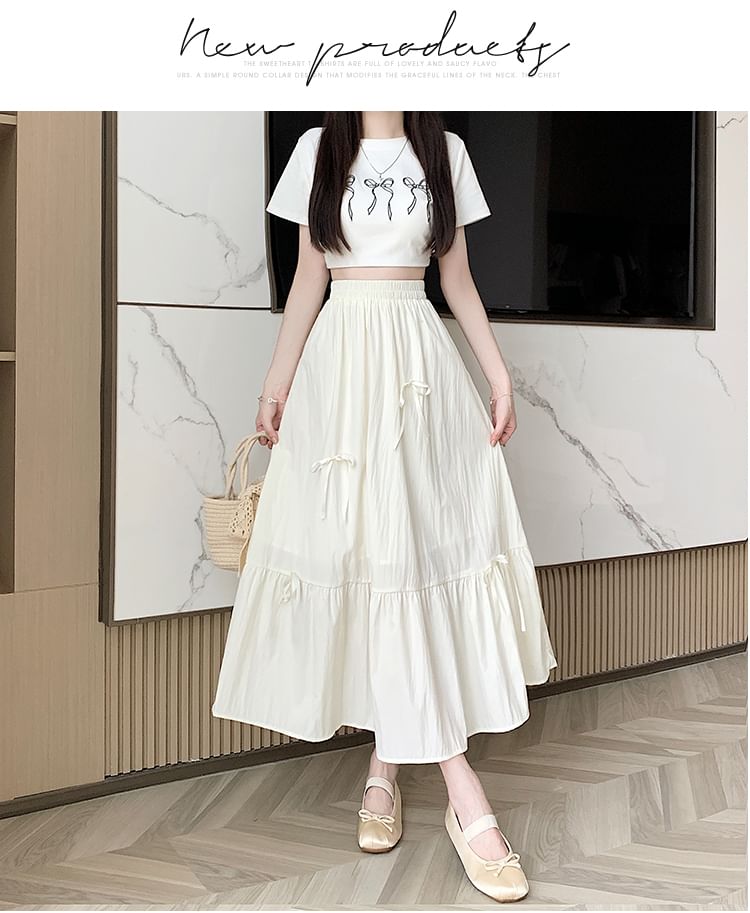 A-Line Rise Plain Midi Accent High Bow Skirt