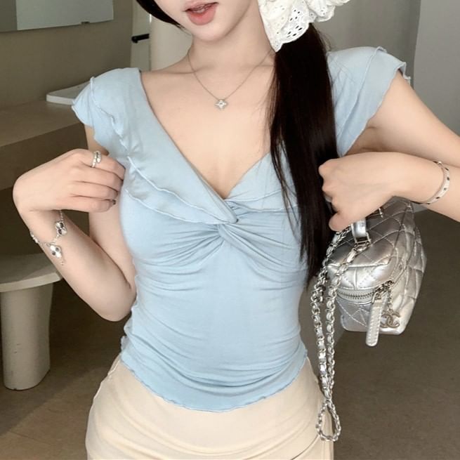 Knot T-Shirt V-Neck Cap-Sleeve Plain