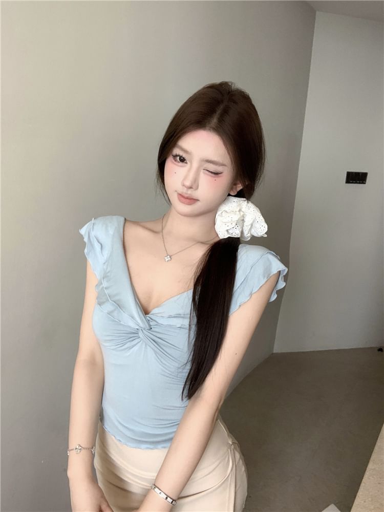 Knot T-Shirt V-Neck Cap-Sleeve Plain