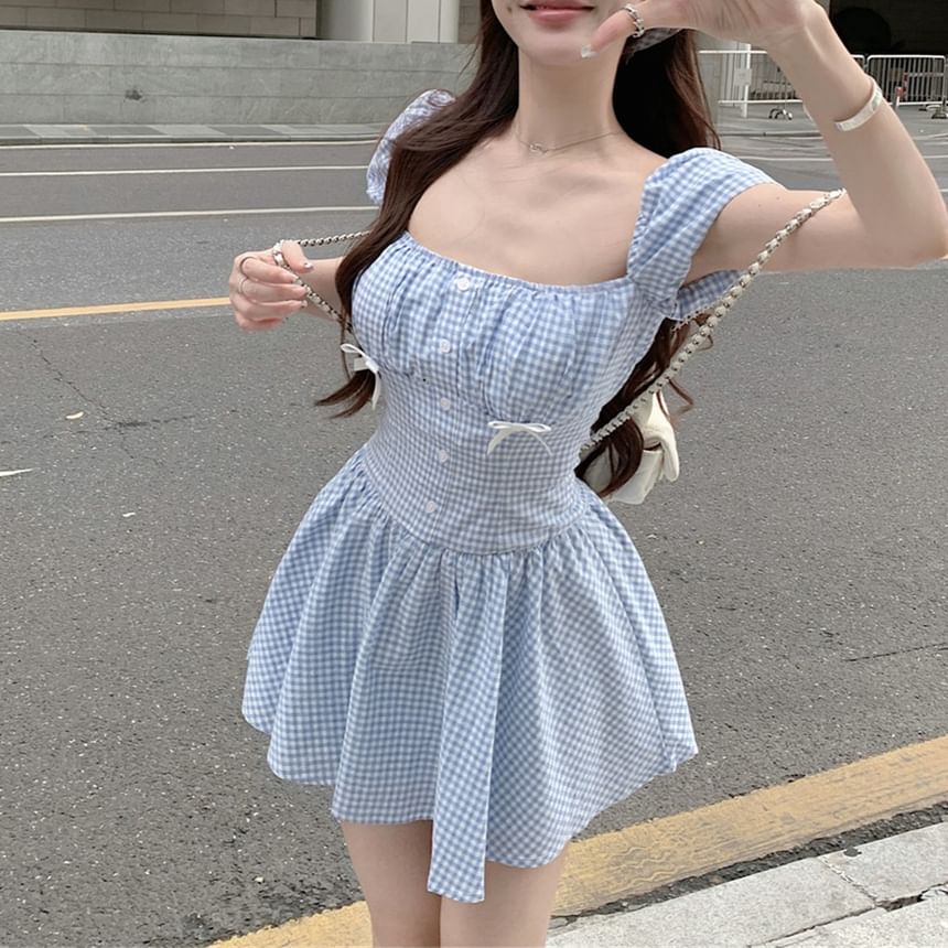 Gingham Bow Dress Mini Puff-Sleeve Kerchief / A-Line