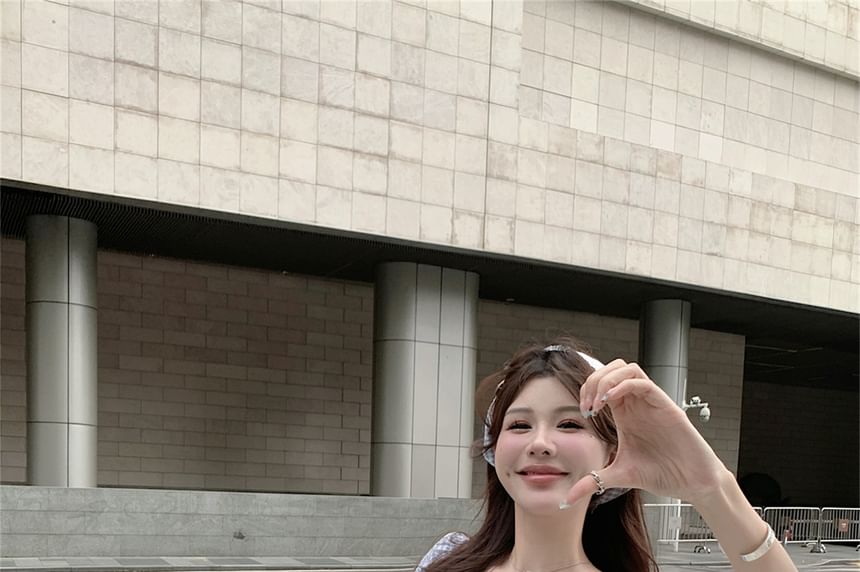 Gingham Bow Dress Mini Puff-Sleeve Kerchief / A-Line