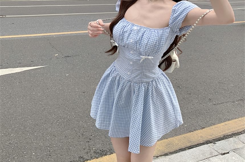 Gingham Bow Dress Mini Puff-Sleeve Kerchief / A-Line