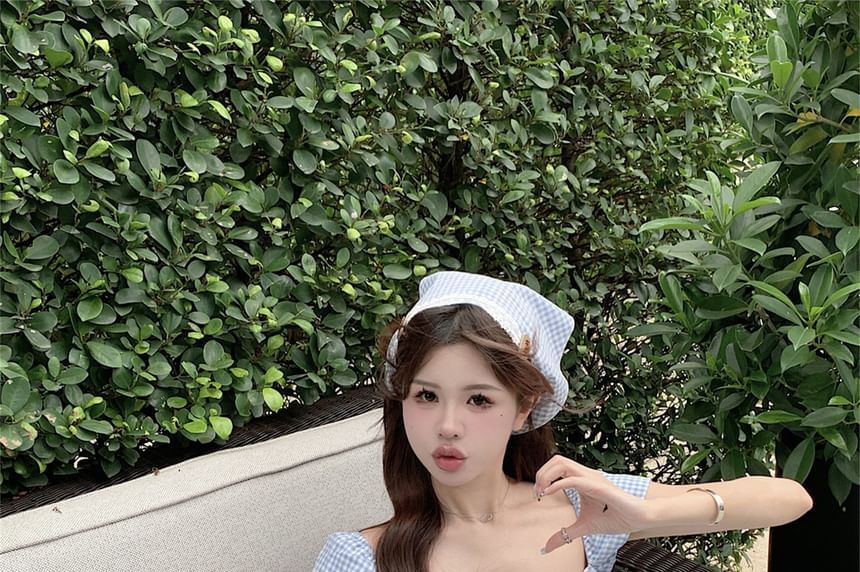 Gingham Bow Dress Mini Puff-Sleeve Kerchief / A-Line