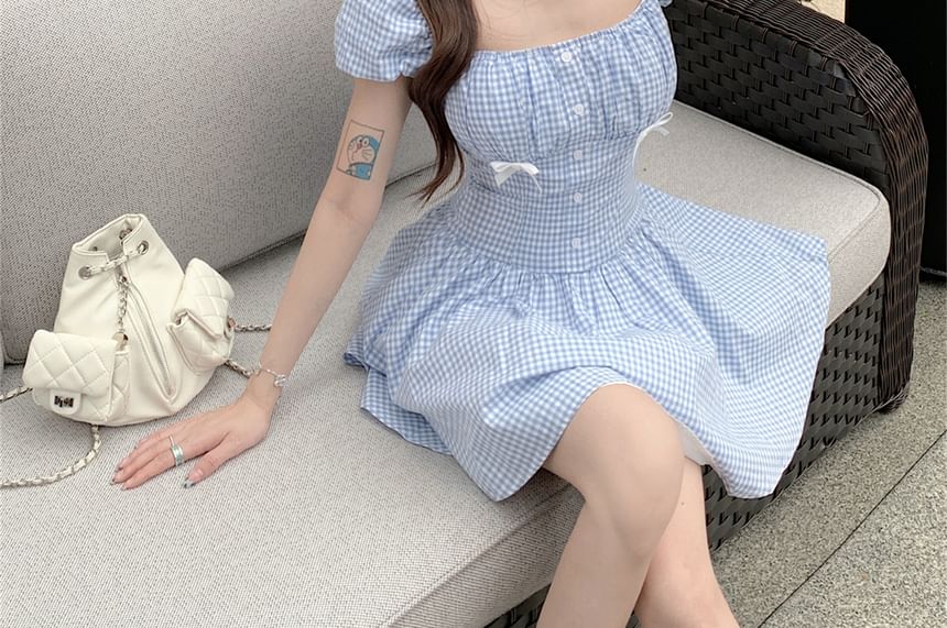 Gingham Bow Dress Mini Puff-Sleeve Kerchief / A-Line