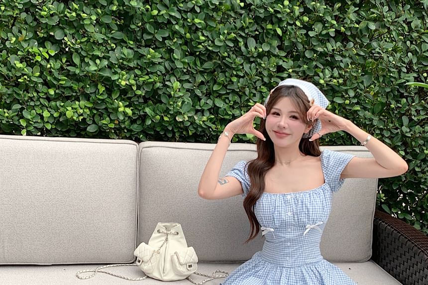 Gingham Bow Dress Mini Puff-Sleeve Kerchief / A-Line