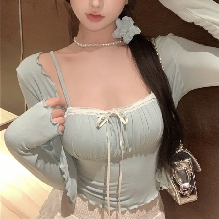 Edge Lettuce Plain Camisole Trim / Top Jacket Bow Lace Light