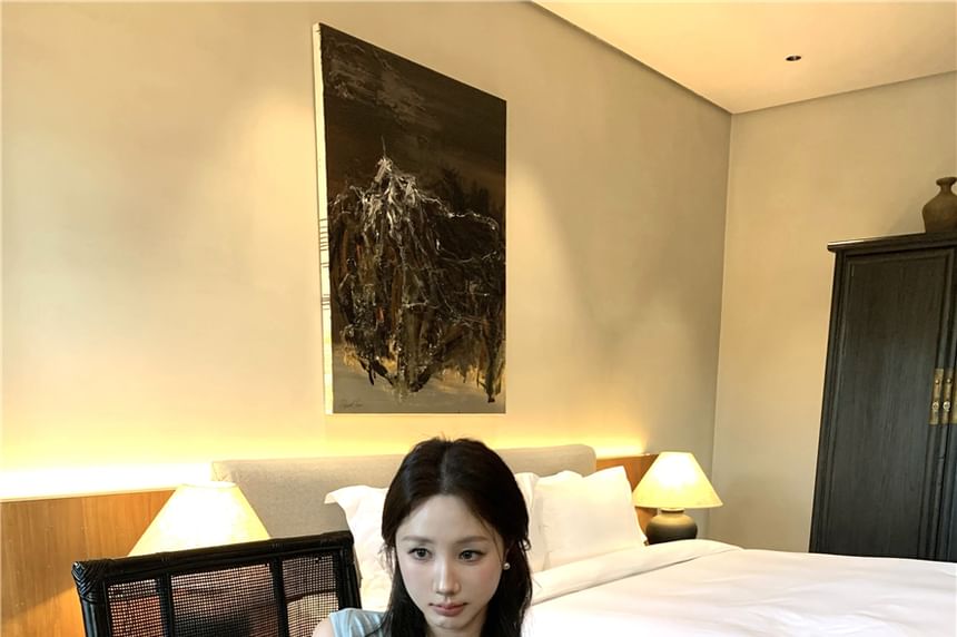 High Pencil Tank Mini Plain Tie-Neck Skirt Rise Lace Top /