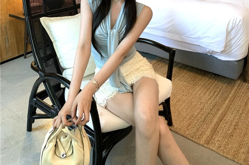 High Pencil Tank Mini Plain Tie-Neck Skirt Rise Lace Top /